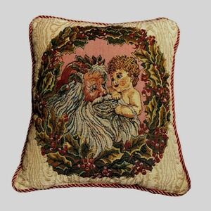 Cherub Santa Christmas Tapestry Pillow Springmaid Wamsutta Braid Vintage USA